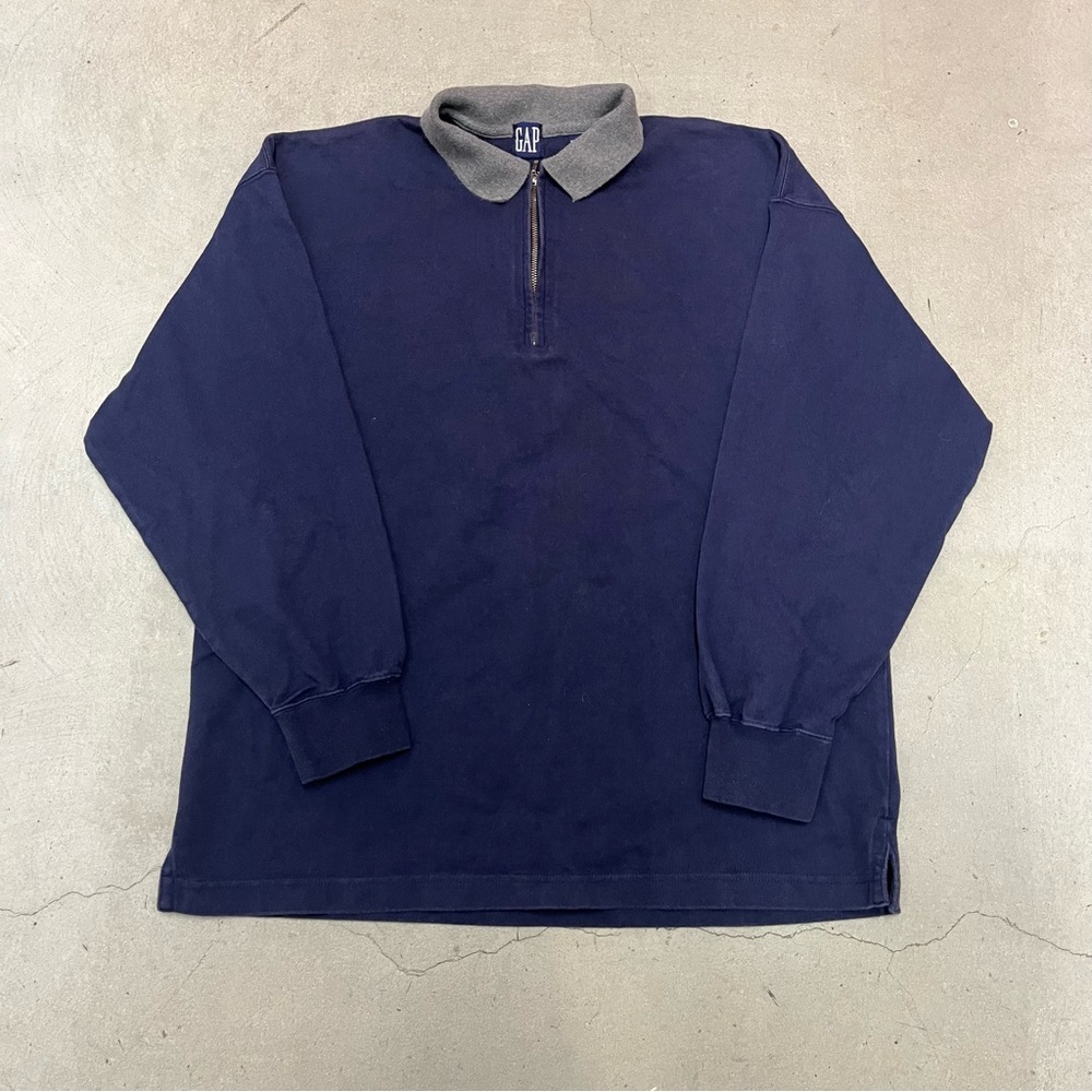GAP Men's Dark Blue vintage Long sleeve Polo with Gray Collar rugby